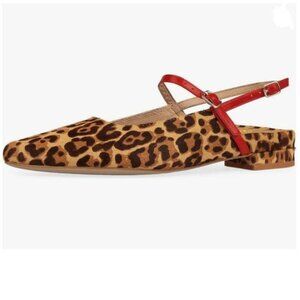 Pazzion Brown Leopard Pointy Toe Low Heel Pumps Strap Buckle Slingback Shoes